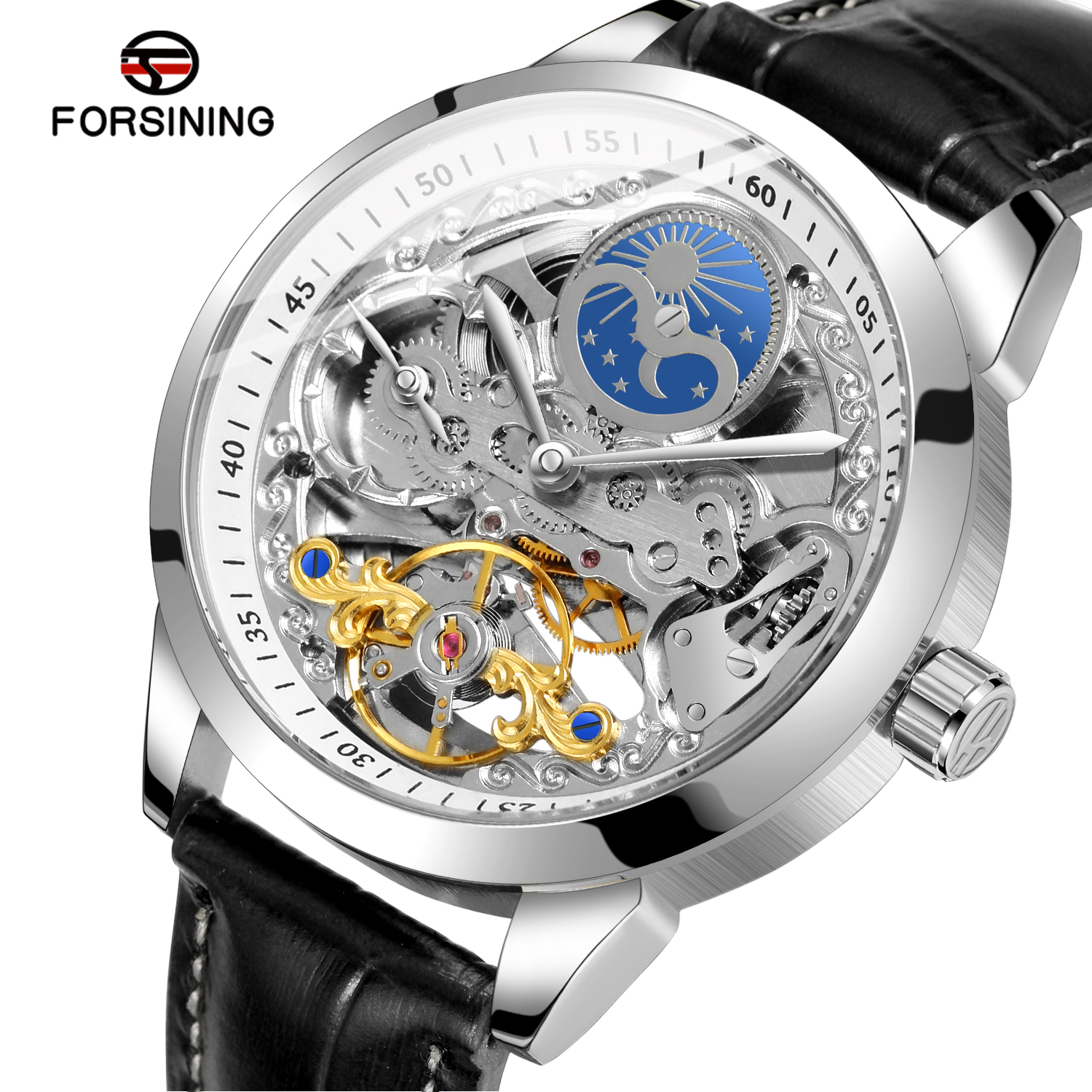 China Factory Latest Luxury Forsining Watch Private Label Dual Time Zone Moonphase Skeleton Automatic Mechanical WristWatches