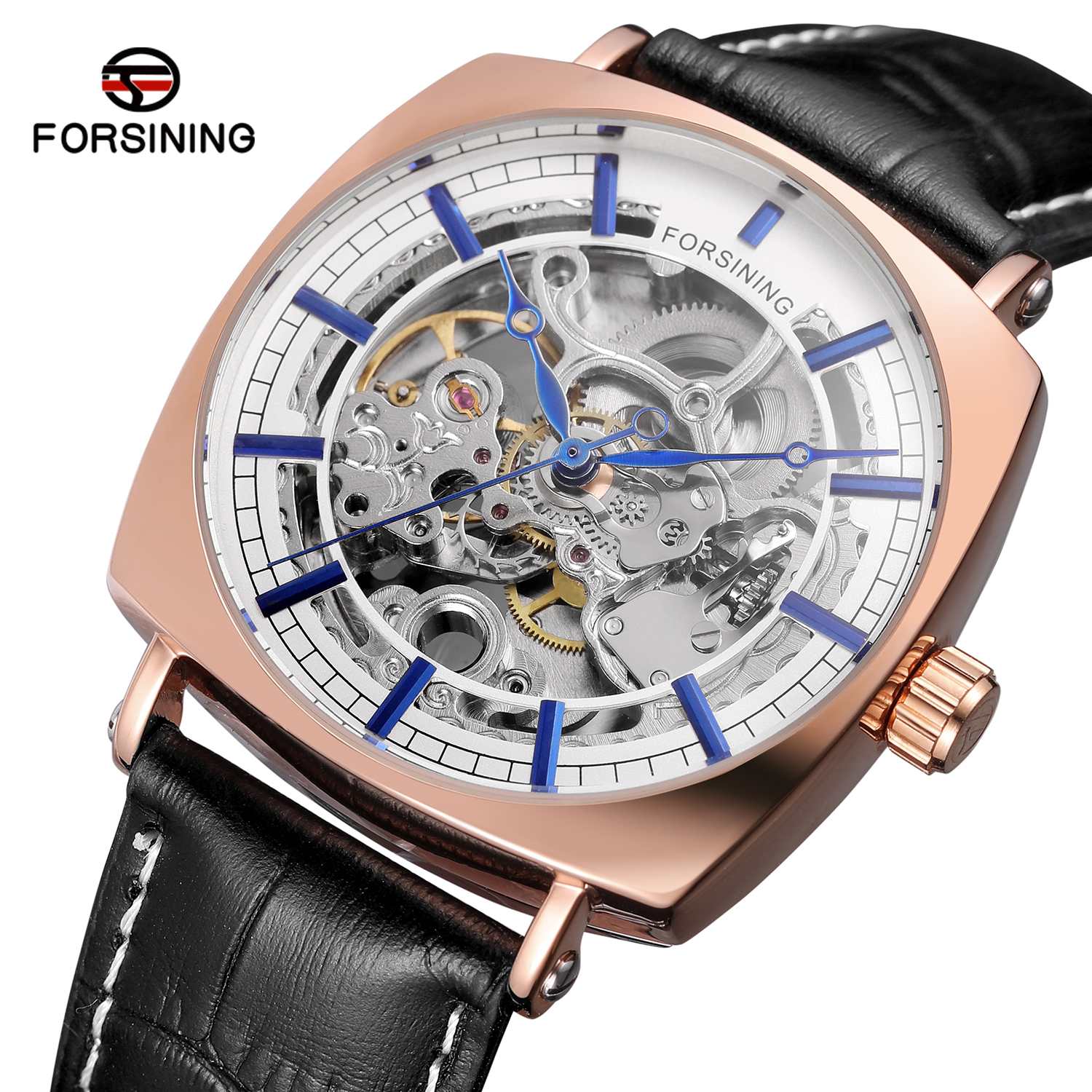 FORSINING 3 ATM Water Resistant Men Skeleton Automatic Watches With Genuine Leather