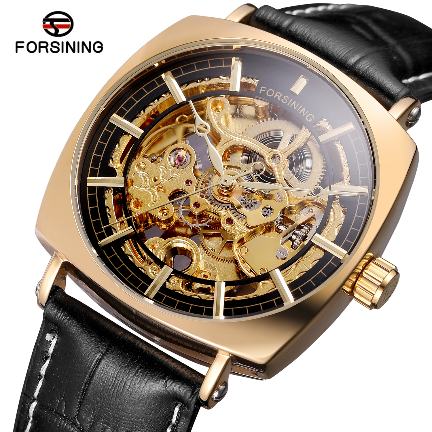 FORSINING 3 ATM Water Resistant Men Skeleton Automatic Watches With Genuine Leather